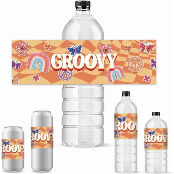 30 Sheet 30pcs Groovy Water Bottle Labels 70s Disco Bottle Stickers Decorative Bottle Wrappers Hippie Waterproof Bottle Wraps Self-Adhesive Water Bottle Label for Birthday Party Favors
