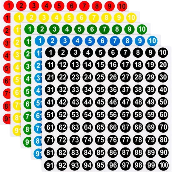 Aylifu 30 Sheets 1 to 100 Consecutive Number Self Adhesive Stickers Small Round Inventory Storage Labels for School Office Classroom Decor, 5 Colors