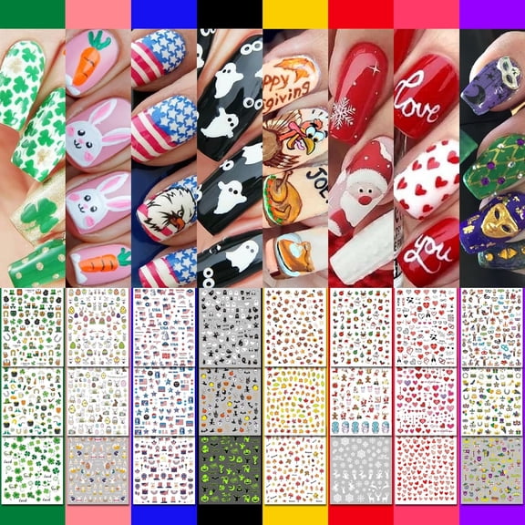 30 Sheets 8 Holiday Nail Art Stickers, Variety Pack All Season Nail Decals for All Year, Self-Adhesive Pegatinas Uas 4th of July Halloween Fall Christmas Valentine St. Patrick's