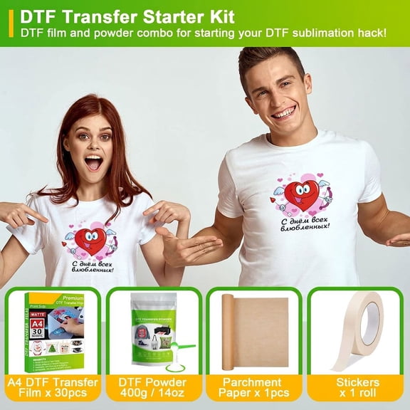 30 Sheets A4 DTF Transfer Film with 14oz White DTF Powder, Hot & Cold Peel DTF Film for Sublimation and DTF Printers, Includes Paper and Sensor Stickers