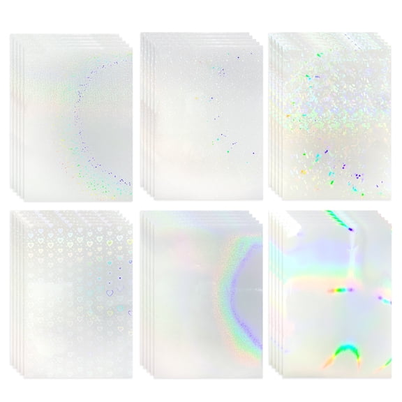 30 Sheets A4 Holographic Sticker Paper, Waterproof Clear Vinyl Laminating Film, Self-Adhesive Transparent Rainbow Overlay Stickers for DIY Crafts (6 Patterns)