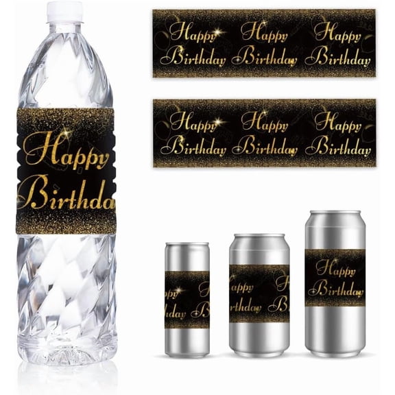 30 Sheets Birthday Water Bottle Labels Black Golden Theme Wraps Sticker