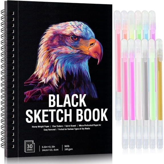 30 Sheets Black Paper Sketchbook with 12 Color Gel Pen Set, 98lb/160gsm Heavyweight Black Sketch Pad 5.5x8.5in, Acid-Free Drawing Paper, Spiral Bound Sketch Book for , Teens, Artist