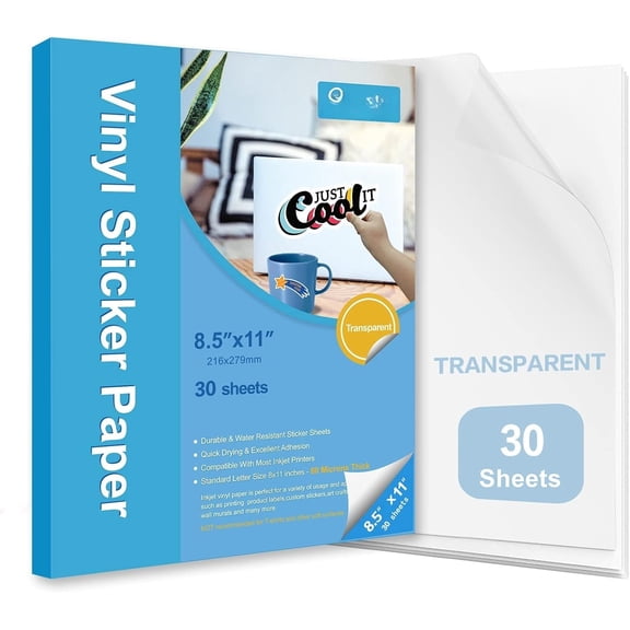 30 Sheets Clear Printable Sticker Paper for Inkjet Printer, 8.5x11 Vinyl Transparent Sticker Paper, Dries   Colors Decal Paper, Resistant for DIY Stickers &