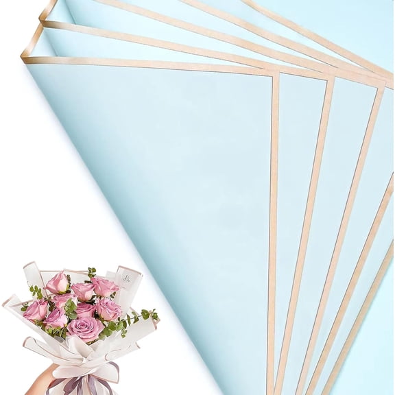 30 Sheets Misty Blue Gold Edge Waterproof Flower Wrapping Paper for Wedding Birthday DIY Gifts