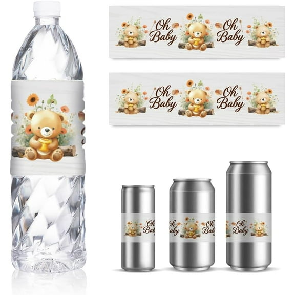 30 Sheets Newborn Water Bottle Labels Teddy Bear Drinking Water Container Labels Personalized Self-Adhesive Wraps Sticker for DIY Baby Shower Birthday Party Favor 8.5x2.5 Inch