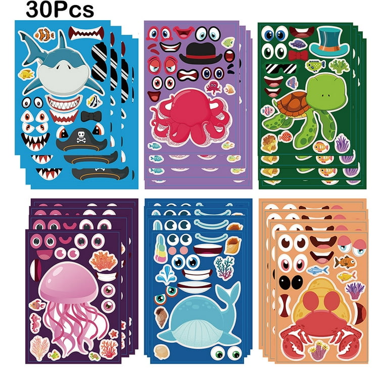 30 Sheets Sea Animal Face Stickers for Art Crafts, Kids Boys Girls Party Favor Supplies, Cute Ocean Animal Stickers, Shark Octonauts Whale Sea Turtle