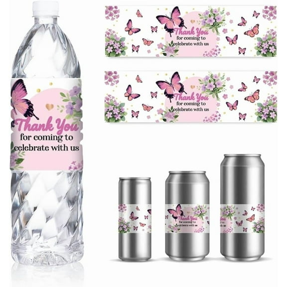 30 Sheets Wedding Water Bottle Labels Butterfly Flower Drinking Water Container Labels Personalized Self-Adhesive Wraps Sticker for Water Bottle Bridal Party Favor 8.5x2.5 Inches Colorful