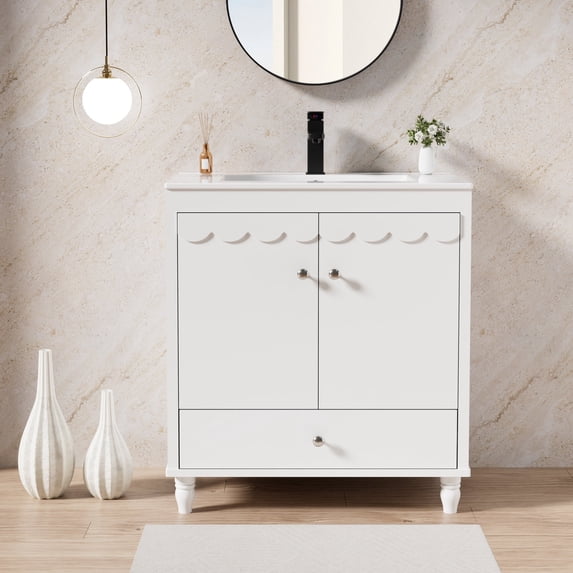 30" Single Bathroom Vanity with Ceramic Sink Top, Faucet, Decorative Wavy Edge