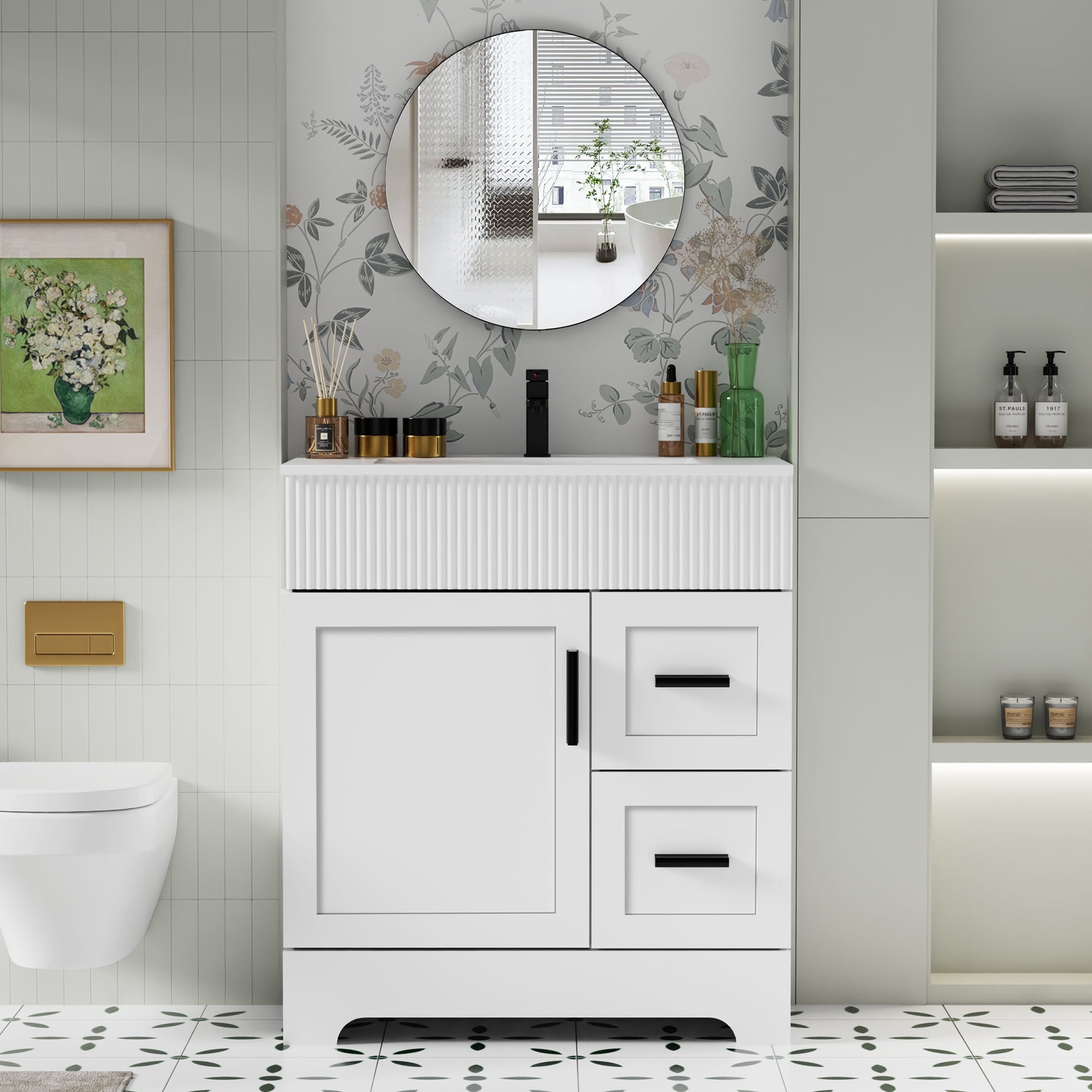 30" Single Bathroom Vanity with Integrated Sink Top, Water Saving Faucet