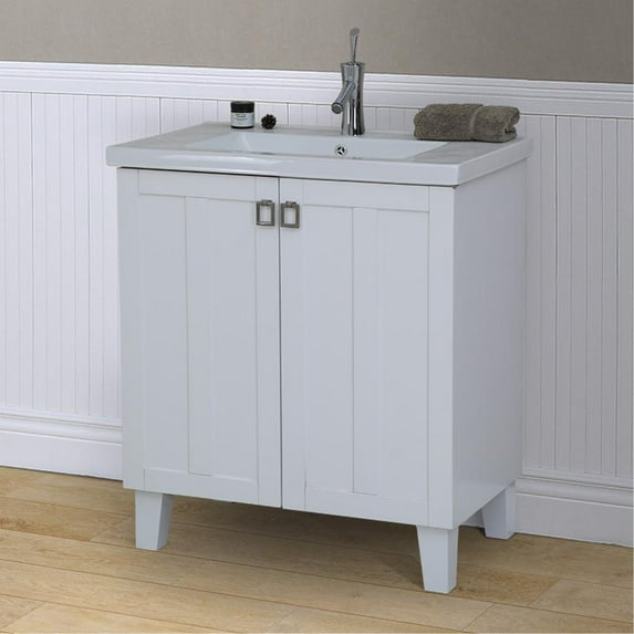 30" Single Sink Bathroom Vanity In White Finish With Thick Edge Ceramic Top-No Faucet