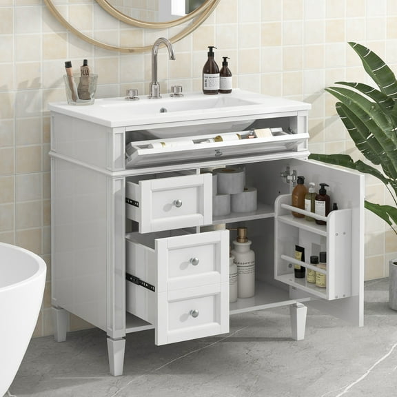 30" Single Sink Bathroom Vanity with Vanity Top, Modern Storage Cabinet with 2 Drawers & 1 Tip-out Drawer