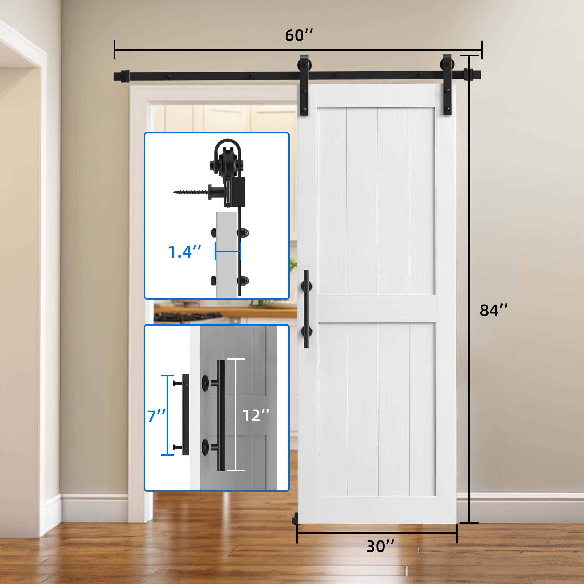 30" Sliding Barn Door, Single Track Sliding Barn Door Hardware Kit with Handle for for Interior
