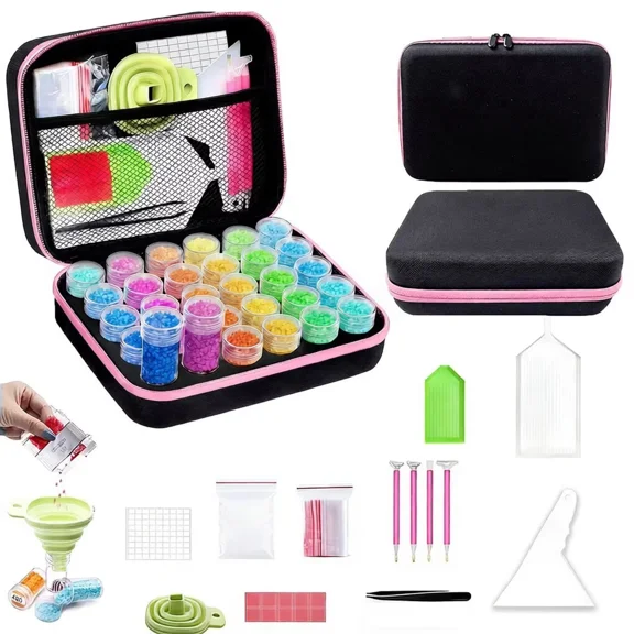 30 Slot Anti-Leak Storage Box for 5D Diamond Painting Kits, Portable Diamond Art Container with 30 Compartments & Pick-Up Pen for Diamond Painting Accessories and Tools(Pink)