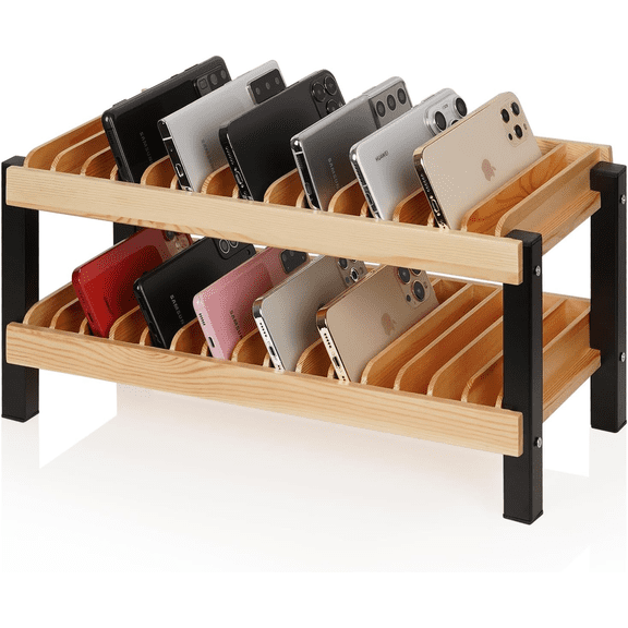 30-Slot Wooden Phone Holder Desktop Organizer Rack with Number Stickers for Cl