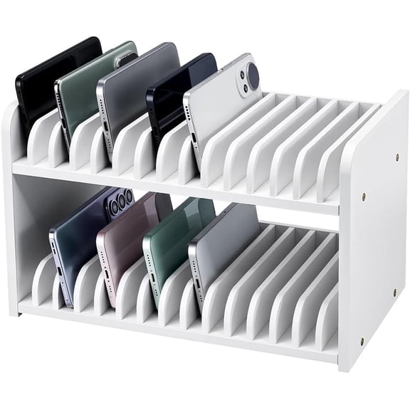 30 Slots Cell Phone Storage Box Classroom CellPhone Holder 2-Tier Wooden Multiple Mobile Phone Storage Case Rack Caddy Organizer White