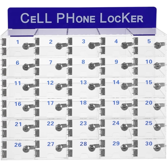 30 Slots Cell Phone Storage Locker, Acrylic Material with Door Locks and Keys Mobile Phone Storage Cabinet, Tabletop Clear Cell Phone Lock Box for Office Classroom Gym