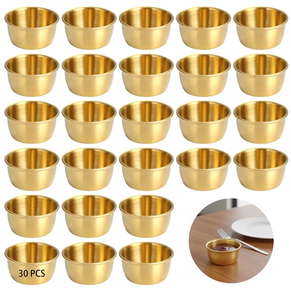 30 Small Bowls, Stainless Steel Dipping Sauce Cups, 2 Fl Oz Gold Finish, Stackable Mini Condiment Containers for Soy Sauce, Picnic, Camping, Parties, Daily Use