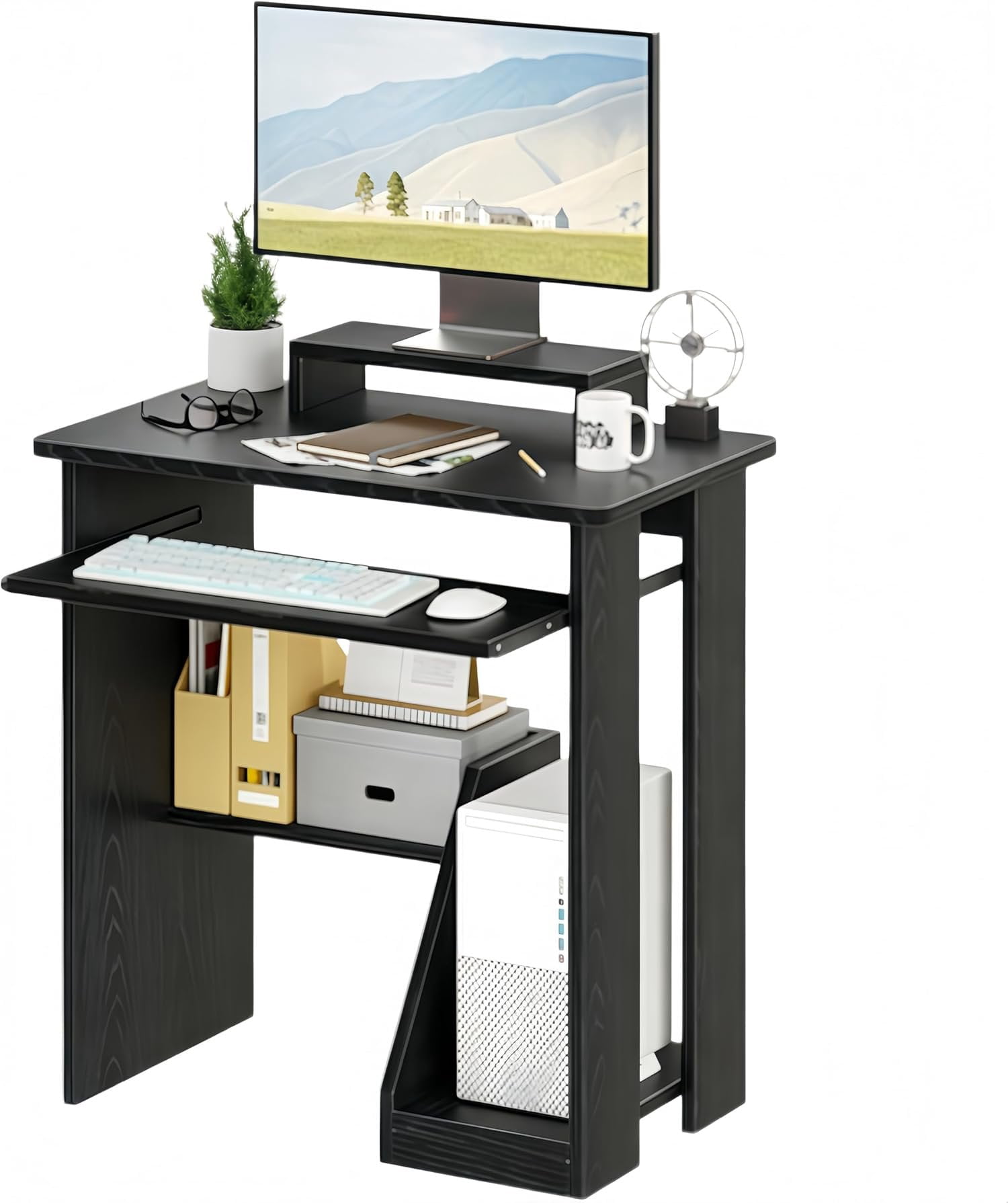 30" Small  Desk with Keyboard Tray  Stand, Study Writing Desk with Storage Shelves, Modern Workstation for Small Spaces, Save Space, Black A