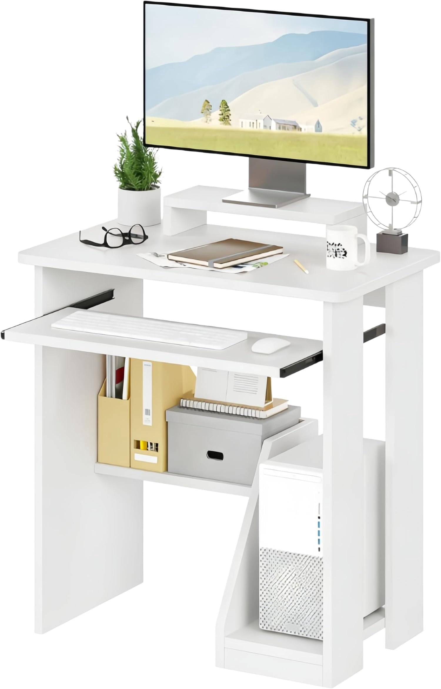 30" Small  Desk with Keyboard Tray  Stand, Study Writing Desk with Storage Shelves, Modern Workstation for Small Spaces, Save Space, White