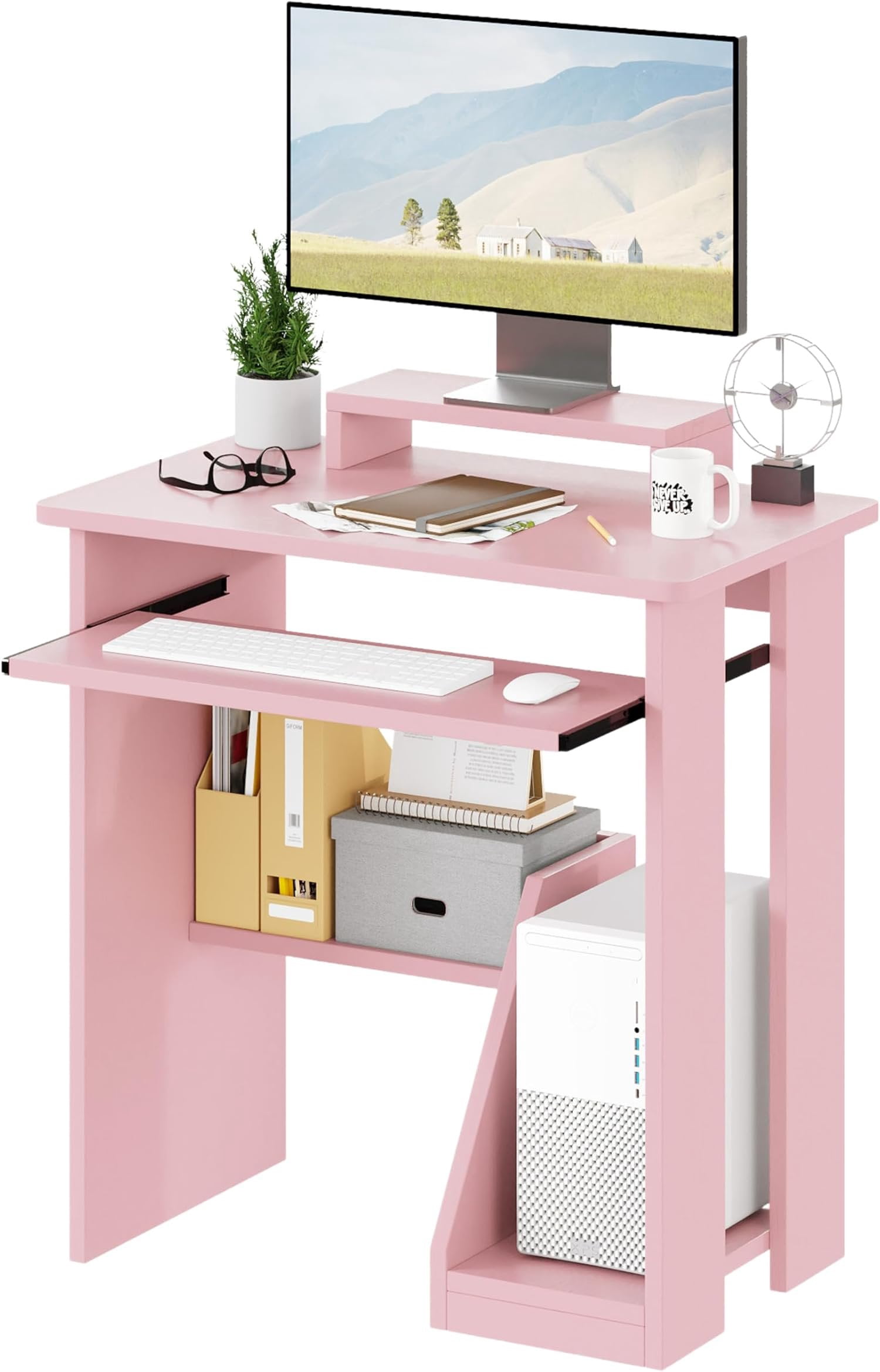 30" Small  Desk with Keyboard Tray  Stand, Study Writing Desk with Storage Shelves, Modern Workstation for Small Spaces, Save Space,