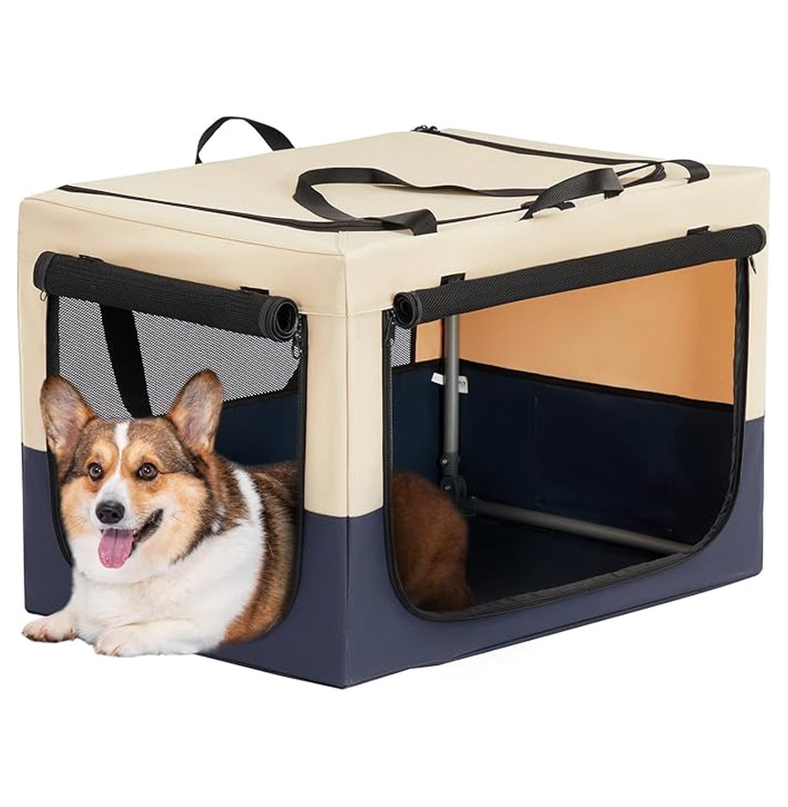 30" Soft Portable Dog Crate – Patented Spiral Sturdy Frame, Collapsible Travel Kennel for Medium Dogs, 3 Mesh Door, Lockable Zippers, Indoor & Car Use Navy Blue