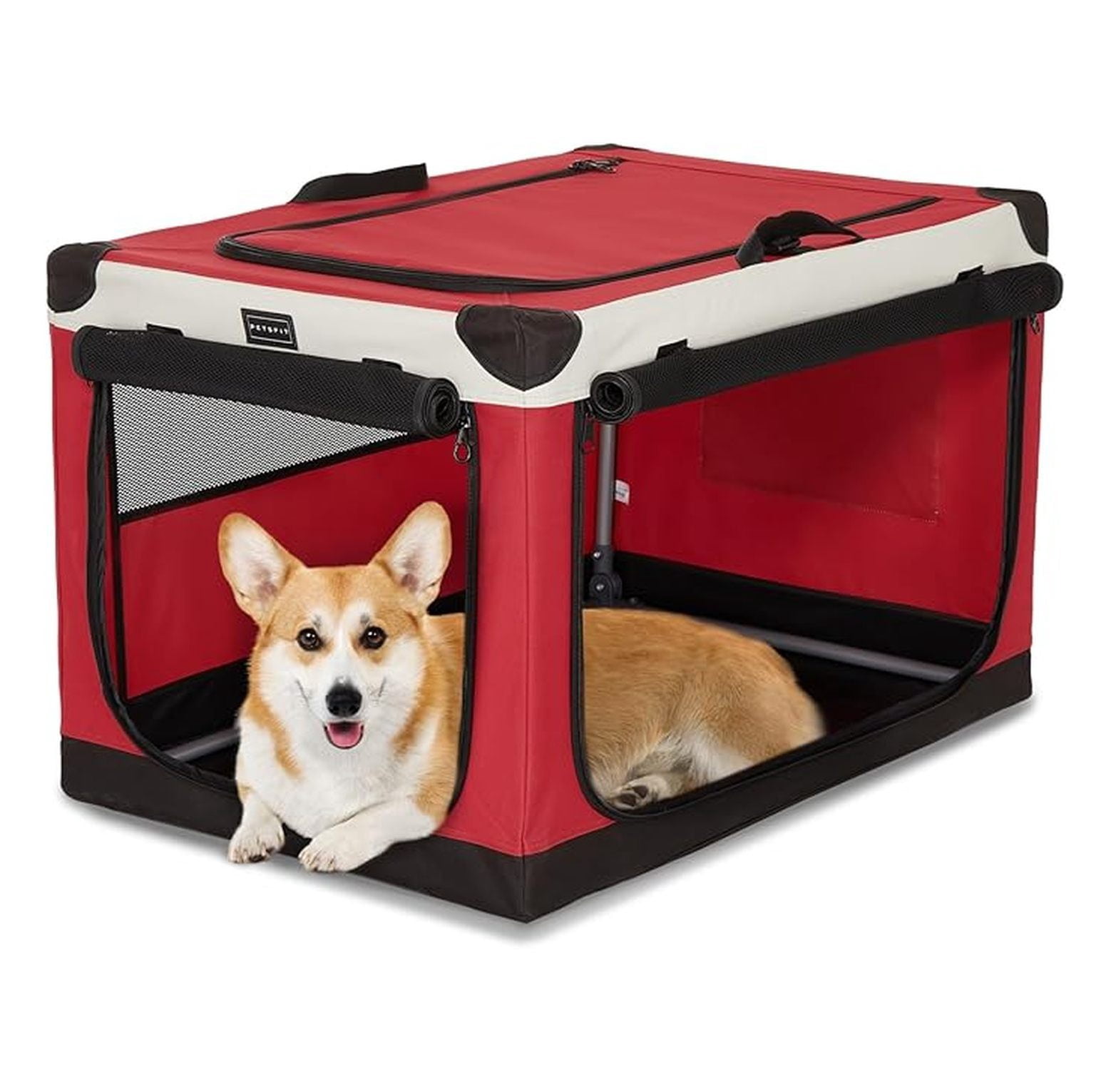 30" Soft Portable Dog Crate – Patented Spiral Sturdy Frame, Collapsible Travel Kennel for Medium Dogs, 3 Mesh Door, Lockable Zippers, Indoor & Car Use Red