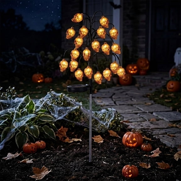 30" Solar Halloween Branch Lamp with 20 Skulls  Outdoor Spike Light for Lawn Patio Graveyard Decor, Spooky Tree Yard Art for Haunted Garden Party