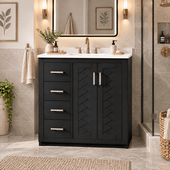 30" Solid Wood Bathroom Vanity with Storage, Modern Minimalist Bathroom Vanity with Soft Close Door, Freestanding Storage Cabinet with Ceramic Sink for Bathroom, Black