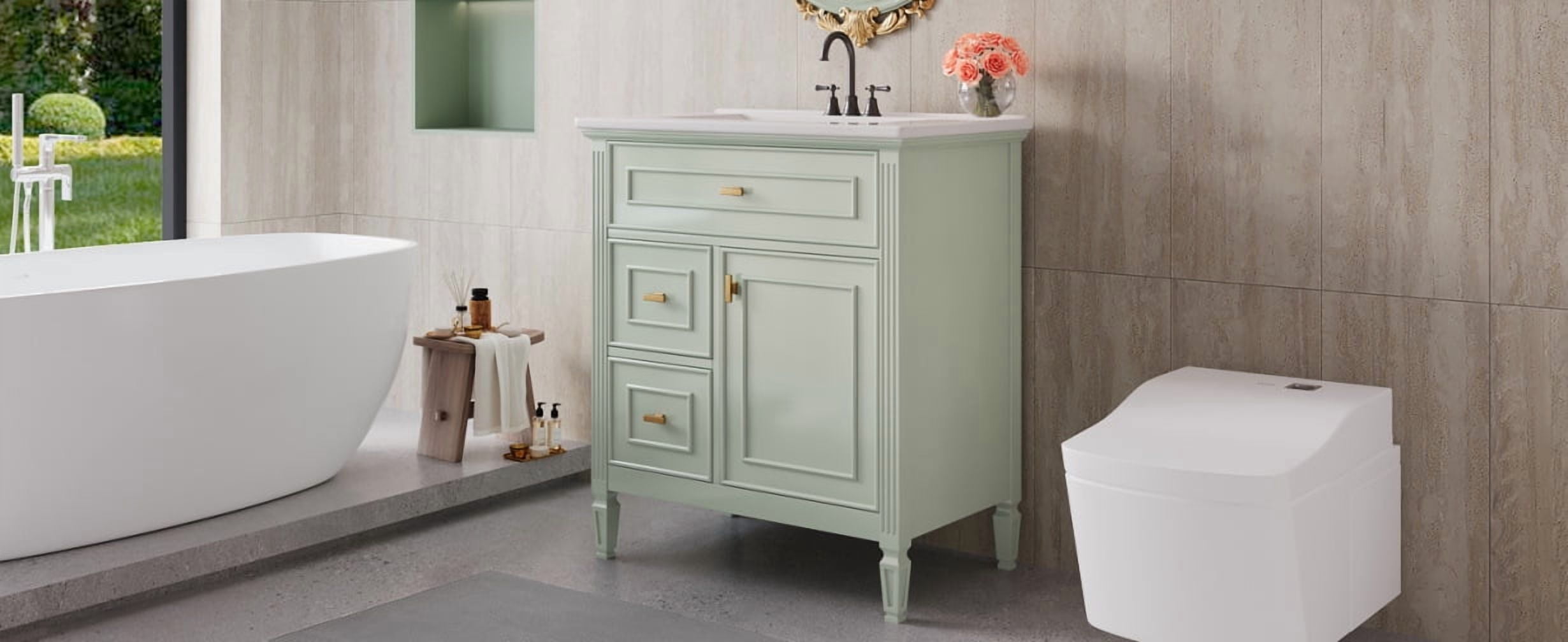 30" Solid Wood & MDF Bathroom Vanity with Sink Cabinet, Flip-Up & 2 ...