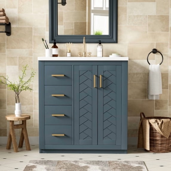 30" Solid Wood Modern Freestanding Vanity Cabinet, Modern Bathroom Cabinet with Ceramic Sink, Freestanding Vanity with Storage for Bathroom, Blue