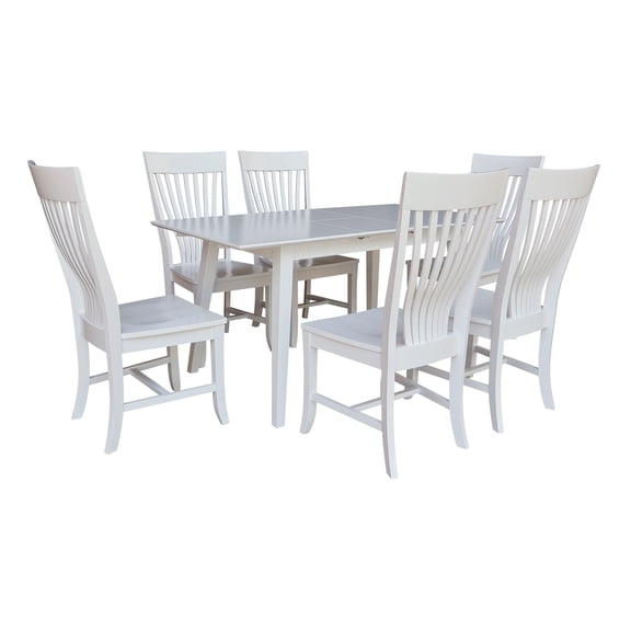 International Concepts Solid Wood 7-Piece Extension Dining Set, Classic White 60" Butterfly Leaf Table and 6 Matching Mission Chairs