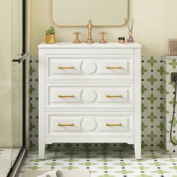 30" Solid Wood Structure Bathroom Vanity with Storage, Modern Minimalist Bathroom Vanity with Ceramic Sink, Freestanding Storage Cabinet for Bathroom Use, White