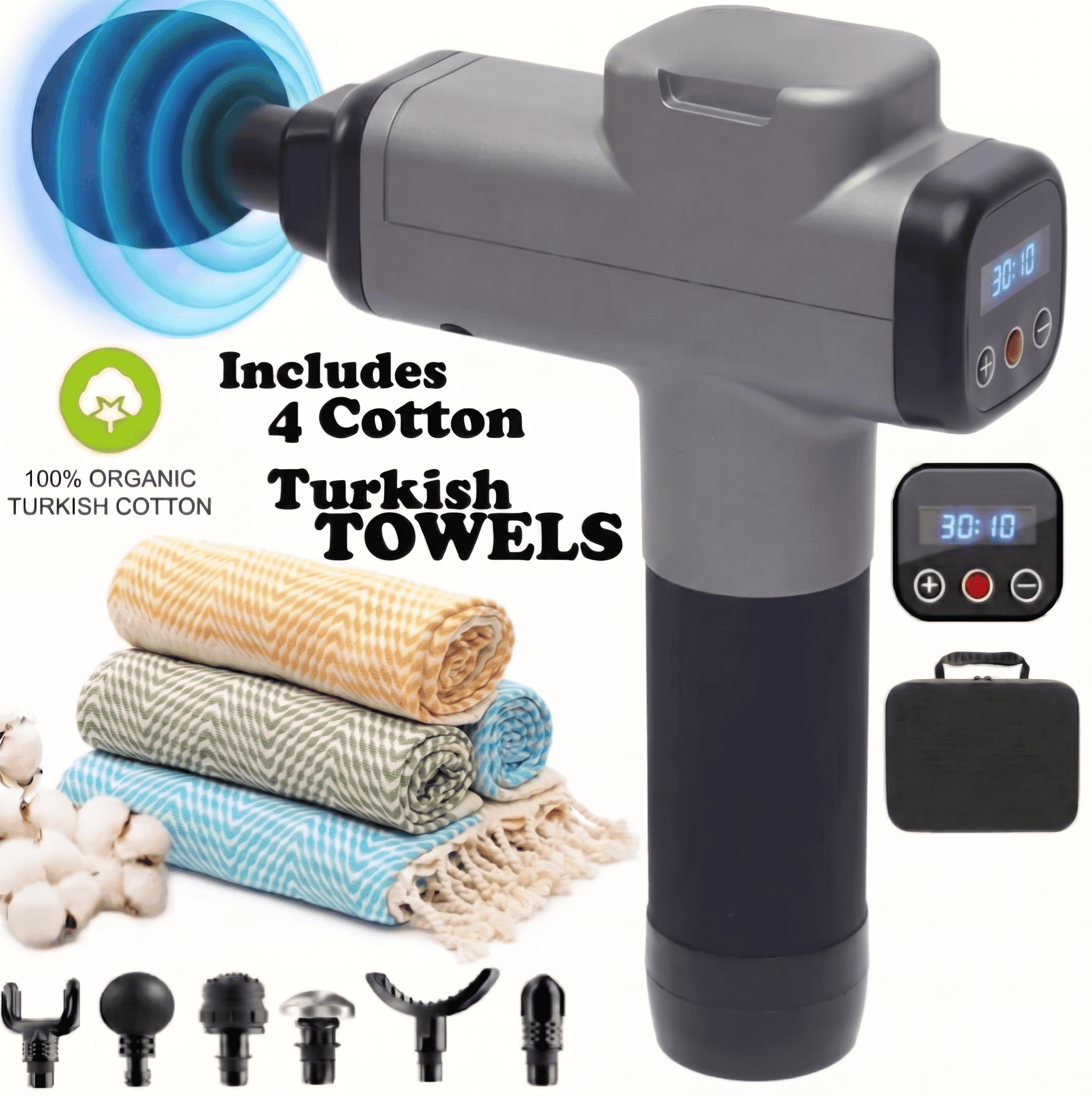 30 Speed Deep Tissue Massage Gun with 4 Turkish CottonTowels - Percussion Massager Portable