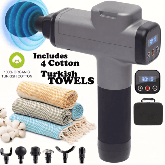 30 Speed Deep Tissue Massage Gun with 4 Turkish CottonTowels - Percussion Massager Portable