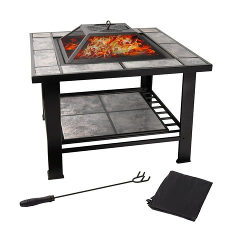 30" Square Bonfire Wood Burning Fire Pit Table with Spark Screen Cover, Log Grate, Waterproof Cover and Fire Poker for Outdoor Backyard, Garden, Bonfire