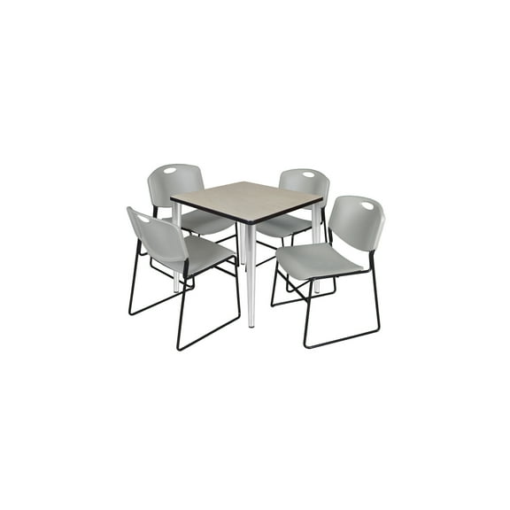 30" Square Breakroom Table- Maple Top- Chrome Base & 4 Zeng Stack Chairs- Grey