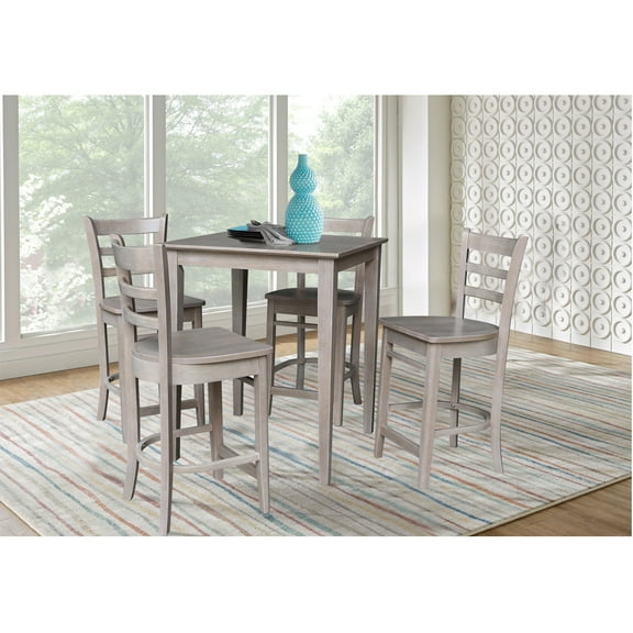 30'' Square Solid Wood Counter Height Dining Table with 4 Emily Ladder Back Counter Height Stools in Washed Gray Taupe