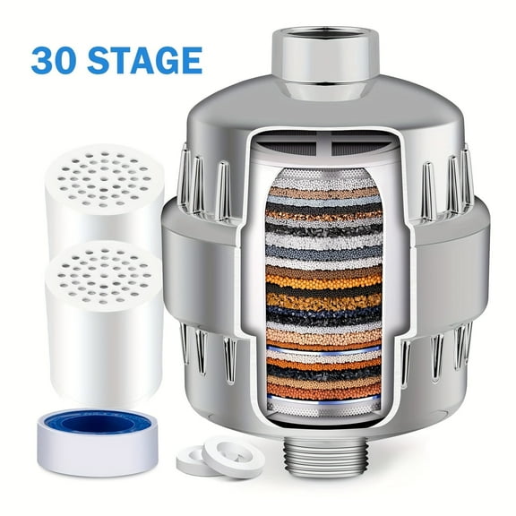 30-Stage Shower Water Filter with 2 Cartridges Universal High Output Showerhead Filter for Hard Water, Removes Chlorine, Fluoride, Heavy Metals Easy Installation for Bathroom Use