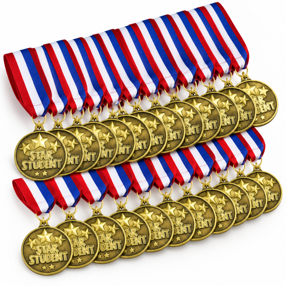 30 Star Student Metal Award Medals with Ribbons, 2 Inch Diameter