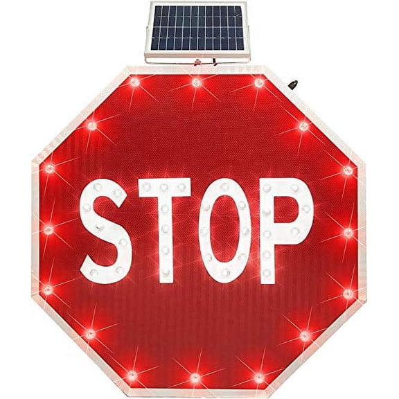 30'' Stop Sign, Solar Powered LED Blinking Reflective Street Traffic Warning Sign, Heavy Duty Octagon Rust-proof Metal Frame$$Garden & Patio