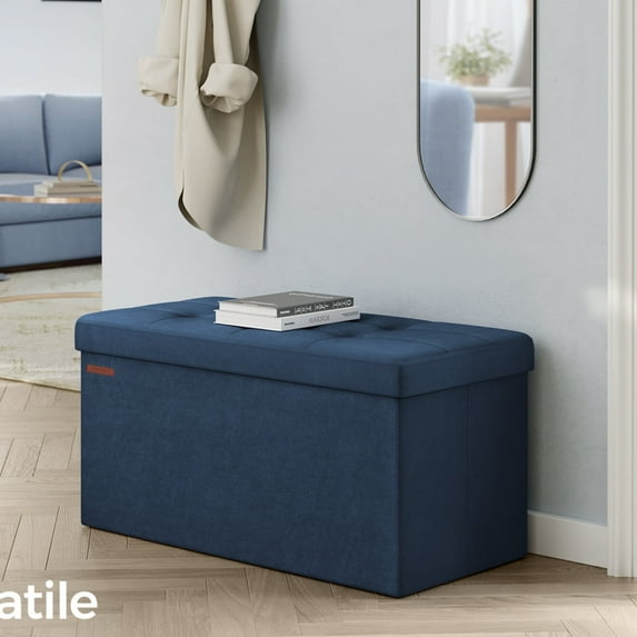 SONGMICS 30" Storage Ottoman Bench Folding Velvet Storage Footrest Stool 2 Extra Storage Boxes Hold up to 660lb for Entryway Living Room Bedroom Middnight Blue