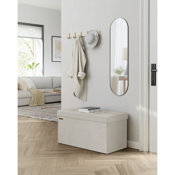 SONGMICS 30" Storage Ottoman Bench Folding Velvet Storage Footrest Stool 2 Extra Storage Boxes Hold up to 660lb for Entryway Living Room Bedroom Cream White