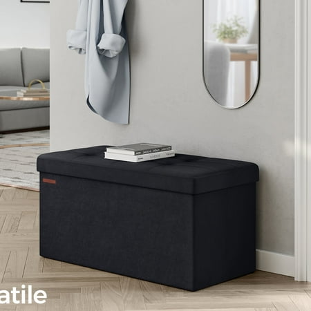 SONGMICS 30" Storage Ottoman Bench Folding Velvet Storage Footrest Stool 2 Extra Storage Boxes Hold up to 660lb for Entryway Living Room Bedroom Ink Black