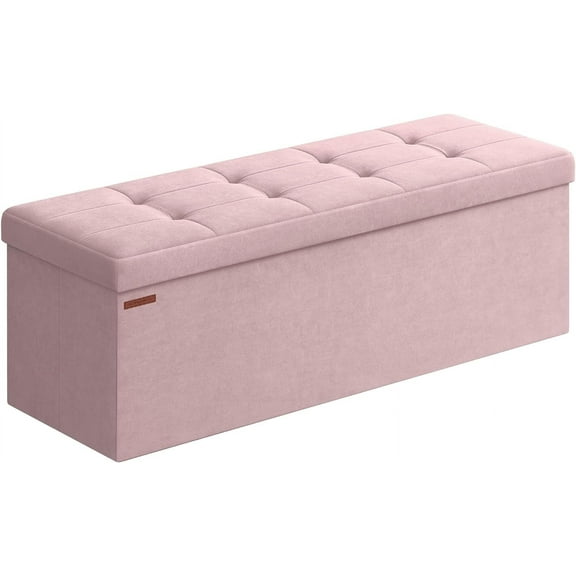 SONGMICS 30" Storage Ottoman Bench Folding Velvet Storage Footrest Stool 2 Extra Storage Boxes Hold up to 660lb for Entryway Living Room Bedroom Jelly Pink