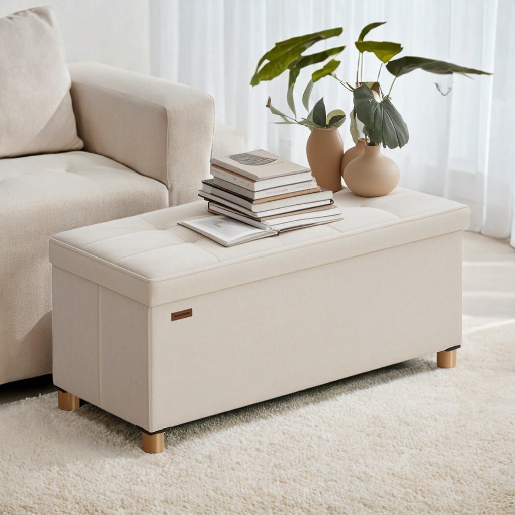 SONGMICS 30" Storage Ottoman Bench, Ottoman with Storage, 29 Gal Foot Rest Stool for Bedroom Living Room, Cappuccino Beige