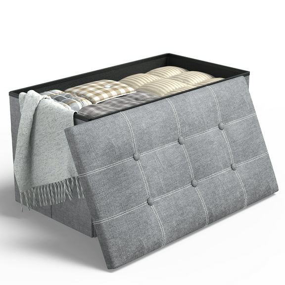 30" Storage Ottoman, Linen Fabric Footrest Stool, 80L Storage Bench, Foldable Ottomans Foot Rest, Footstool Bench for Living Room Bedroom Entryway Stool Gray 30*15*15in