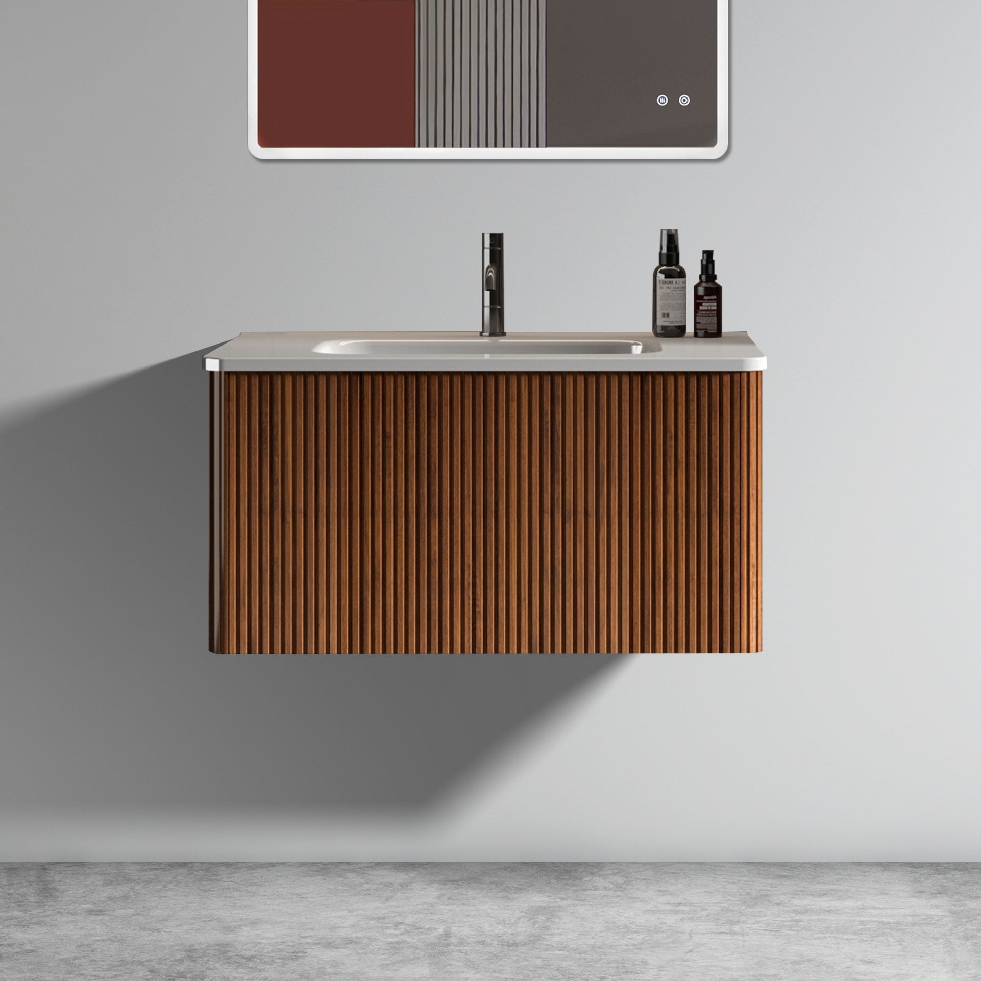 30" Walnut and White Wall-Mounted Bathroom Vanity with Ceramic Sink