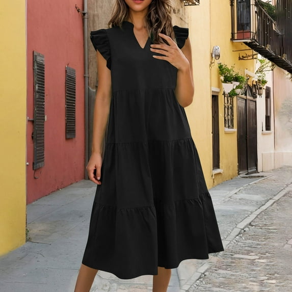 Up to 30% off Sundresses for Women 2025 Summer Saving, Fashion Women's Casual Solid V-Neck Pullover Sleeveless Pleated Irregular Dress(Black,XXL)