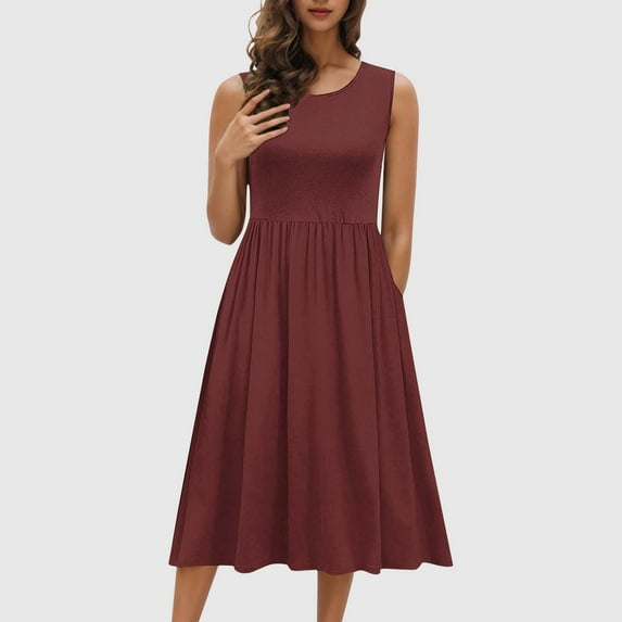 Up to 30% off Sundresses for Women 2025 Summer Saving, Fashion Women's Dresses Summer Casual Round Neck Sleeveless Solid Beach Sundresses Boho Dress(Wine,XXL)